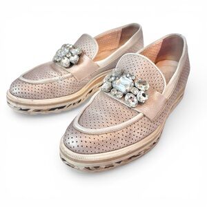 Pertini Rose Gold Leather Perforated Platform Loafers Rhinestone Gem 8